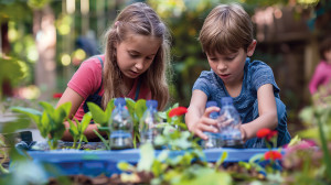 Kinder sitzen im Garten vor einem Tisch mit Pflanzen und Wasserflaschen