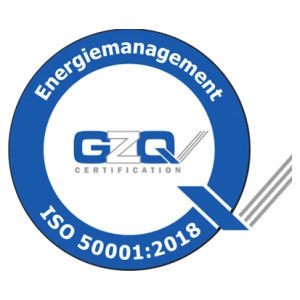Zertifizierungssiegel in blauer und weißer Farbe für die Zertifizierung Energiemanagement DIN ISO 50001